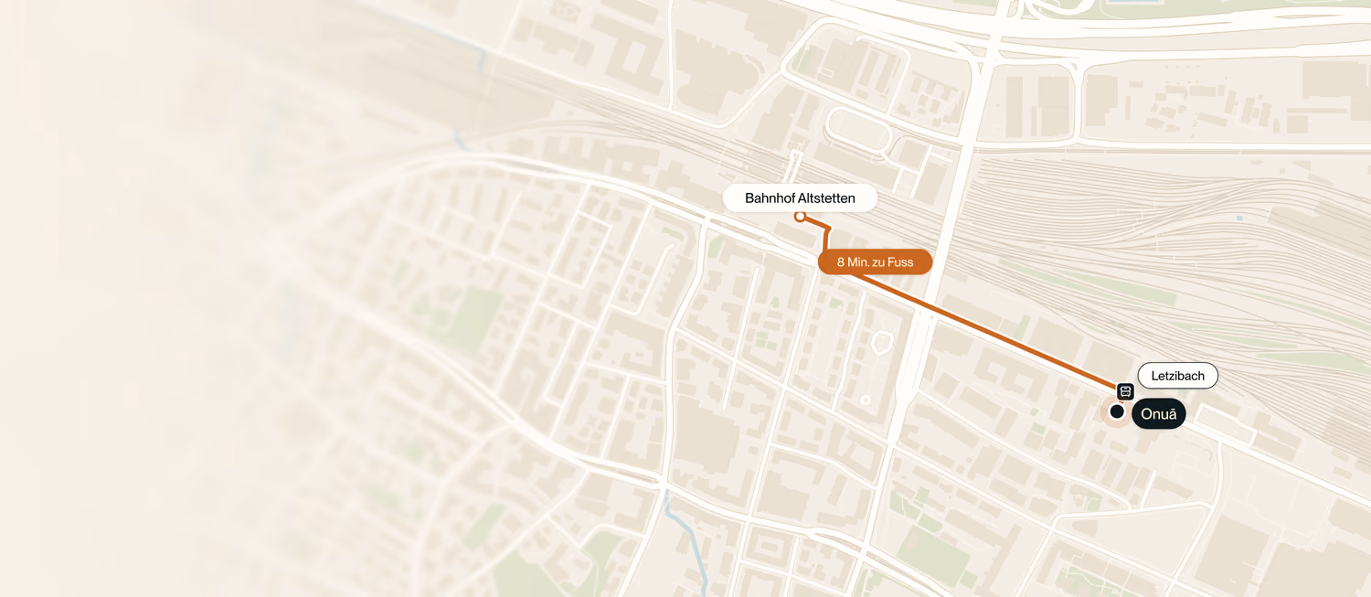 Karte: 8 Minuten zu Fuss vom Bahnhof Altstetten zu Onuā an der Hohlstrasse 481, die Bushaltestelle Letzibach direkt vor der Tür