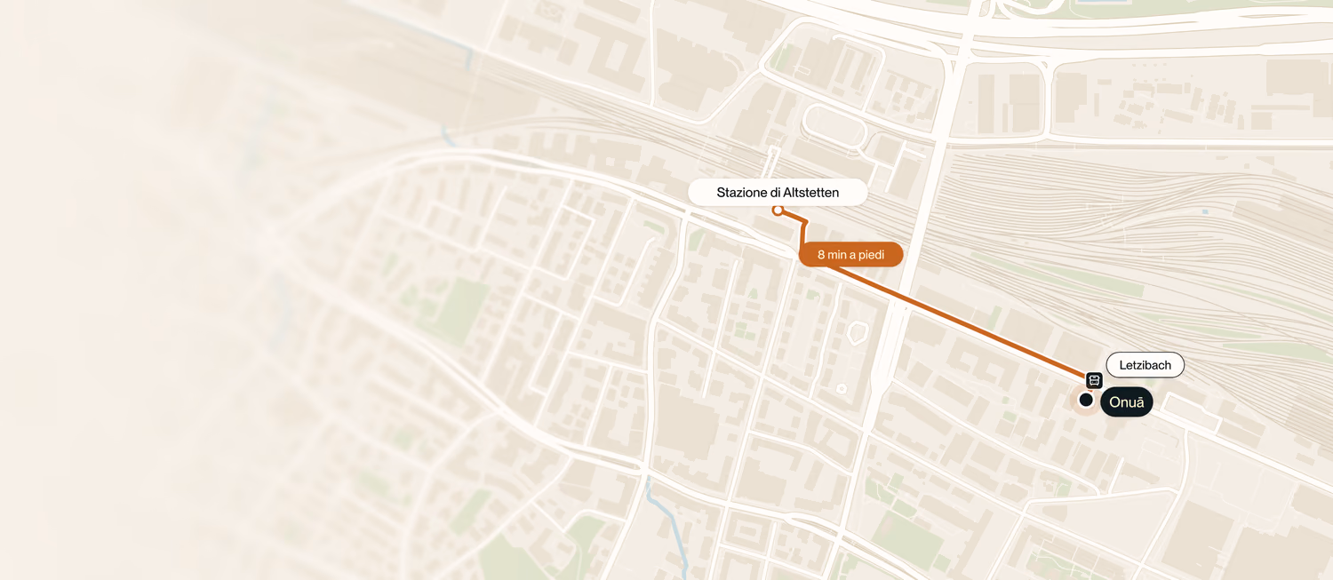 Mappa: 8 minuti a piedi dalla stazione di Altstetten a Onuā, Hohlstrasse 481, con la fermata dell'autobus Letzibach proprio davanti alla porta