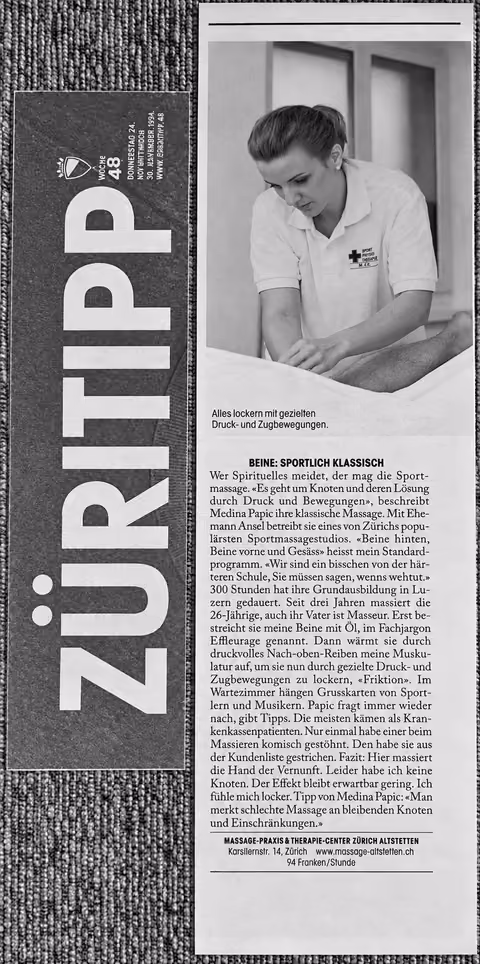 Züritipp clipping about Medina Papic’s sports massage
